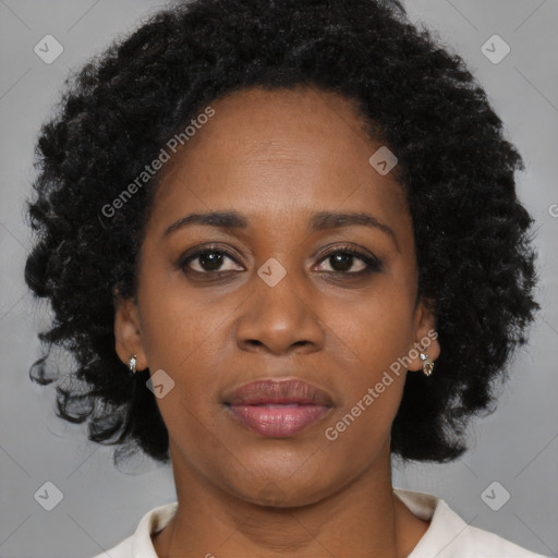 Joyful black young-adult female with medium  black hair and brown eyes