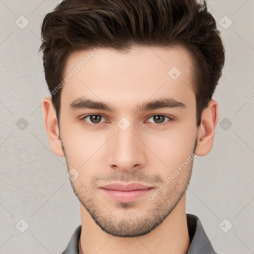 Neutral white young-adult male with short  brown hair and brown eyes