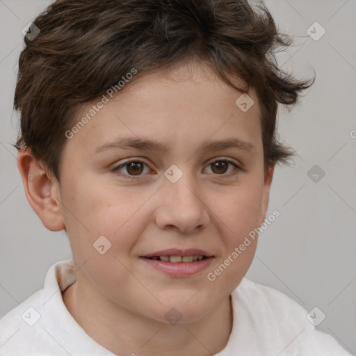 Joyful white child female with short  brown hair and brown eyes