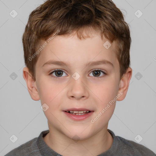 Joyful white child male with short  brown hair and brown eyes