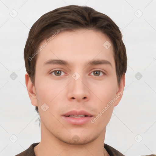 Neutral white young-adult male with short  brown hair and brown eyes