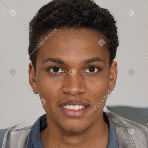 Joyful black young-adult male with short  brown hair and brown eyes