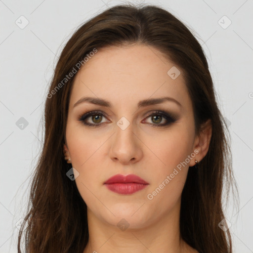 Neutral white young-adult female with long  brown hair and brown eyes