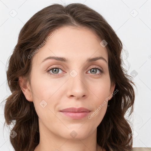 Joyful white young-adult female with medium  brown hair and green eyes