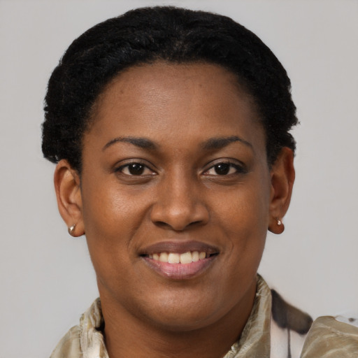 Joyful latino young-adult female with short  black hair and brown eyes