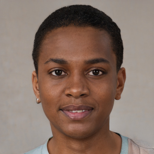 Joyful black young-adult male with short  brown hair and brown eyes