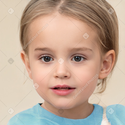 Joyful white child female with medium  brown hair and brown eyes