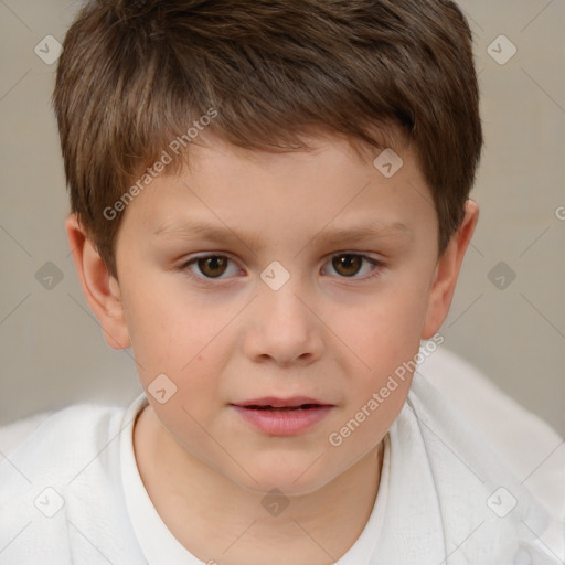 Joyful white child male with short  brown hair and brown eyes