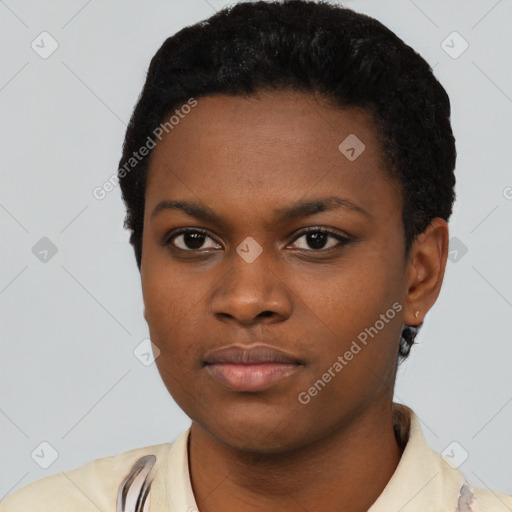 Neutral black young-adult female with short  black hair and brown eyes