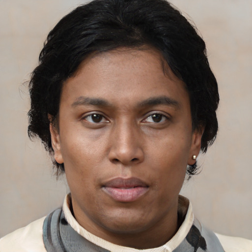Neutral latino young-adult female with medium  black hair and brown eyes
