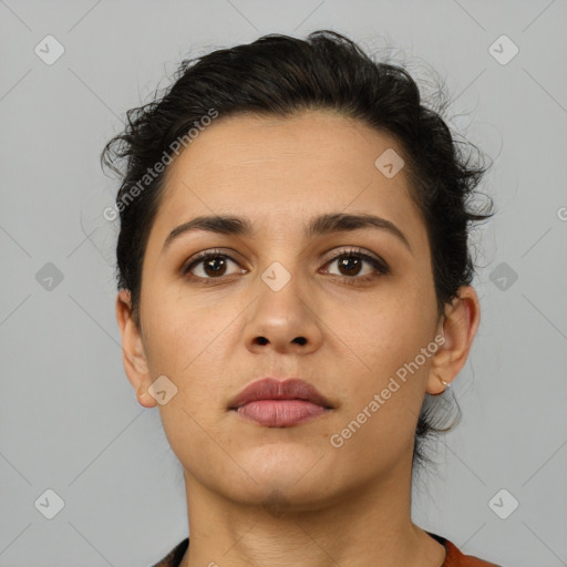 Neutral latino young-adult female with short  brown hair and brown eyes