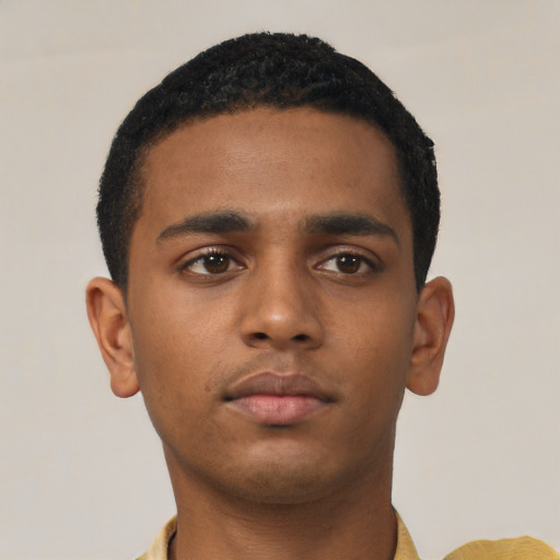 Neutral black young-adult male with short  black hair and brown eyes
