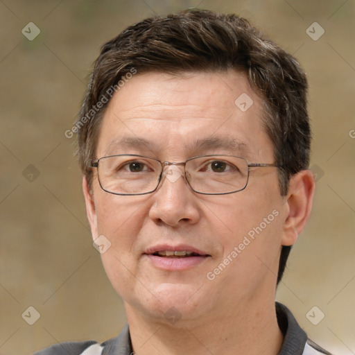 Joyful white middle-aged male with short  brown hair and brown eyes