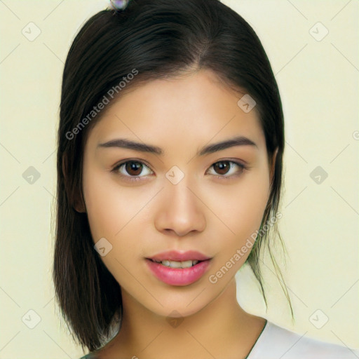 Neutral white young-adult female with medium  brown hair and brown eyes