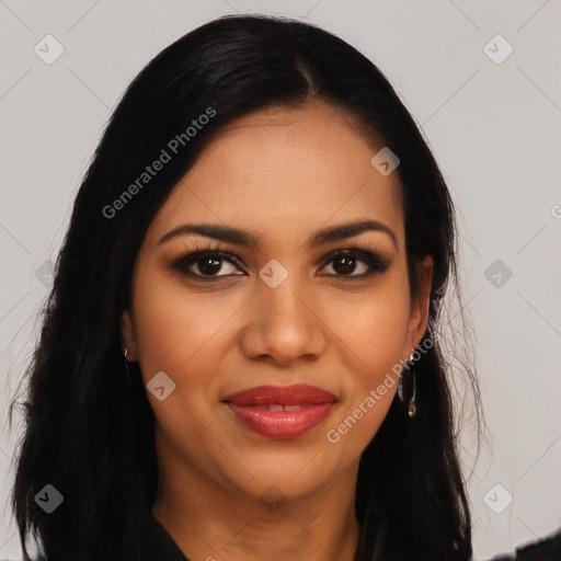 Joyful latino young-adult female with long  black hair and brown eyes