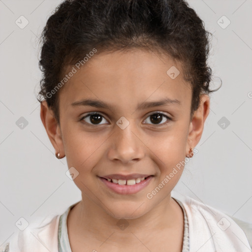 Joyful white child female with short  brown hair and brown eyes