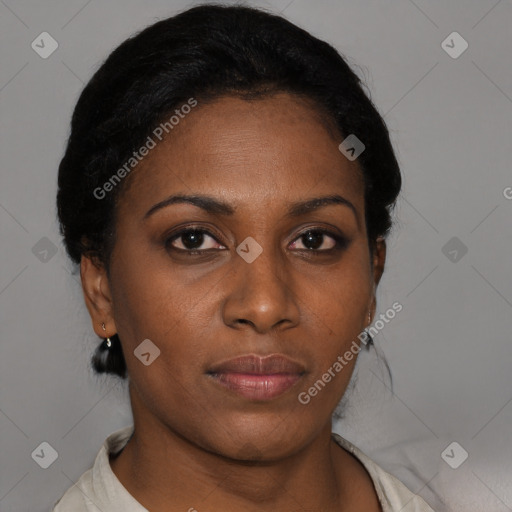 Neutral black young-adult female with short  black hair and brown eyes