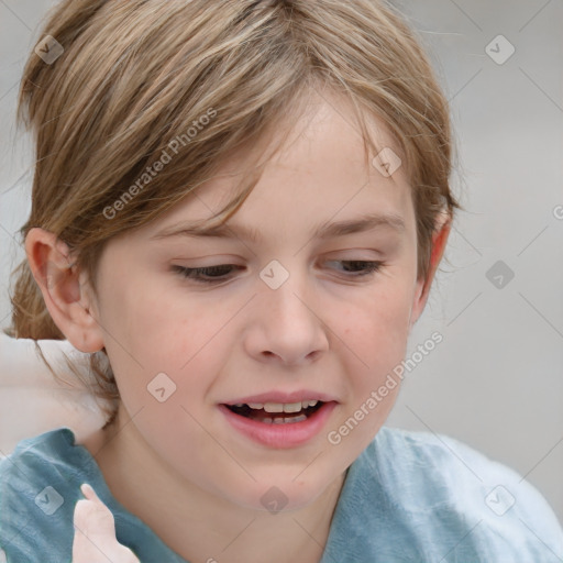 Joyful white child female with medium  brown hair and brown eyes