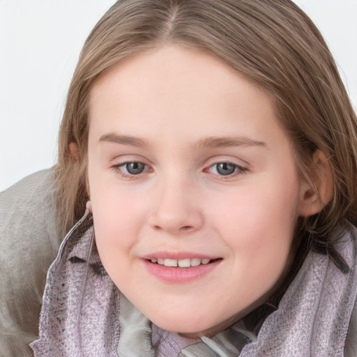 Joyful white child female with medium  brown hair and blue eyes