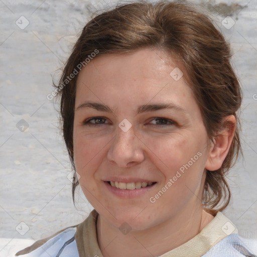 Joyful white young-adult female with medium  brown hair and blue eyes