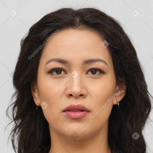 Joyful asian young-adult female with long  brown hair and brown eyes