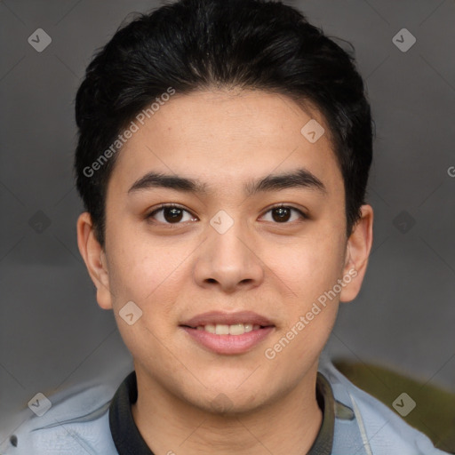 Joyful asian young-adult male with short  black hair and brown eyes