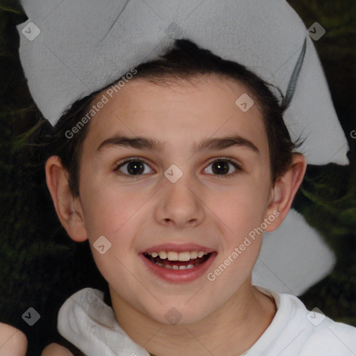 Joyful white child female with short  brown hair and brown eyes