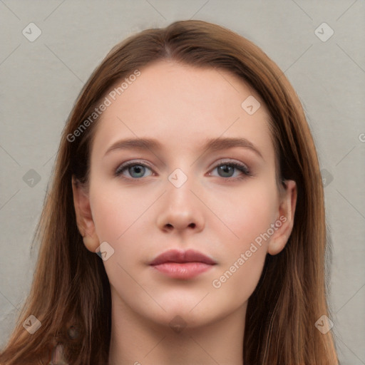 Neutral white young-adult female with long  brown hair and grey eyes