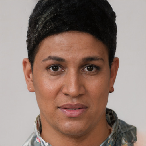 Joyful latino young-adult female with short  black hair and brown eyes