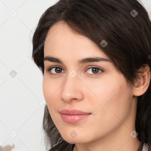 Neutral white young-adult female with medium  brown hair and brown eyes