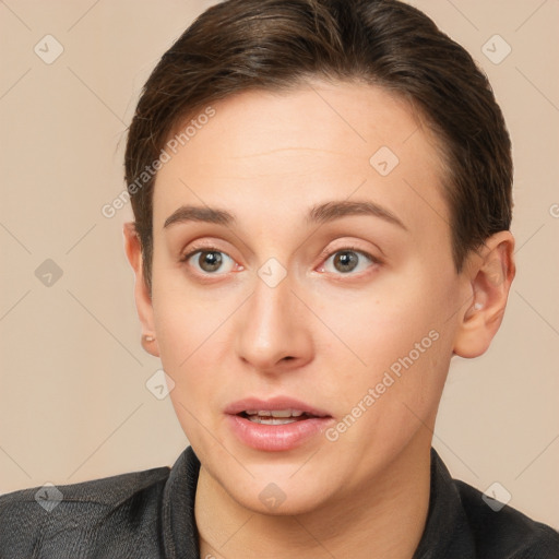 Neutral white young-adult female with short  brown hair and brown eyes