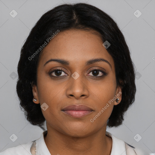 Joyful black young-adult female with medium  black hair and brown eyes