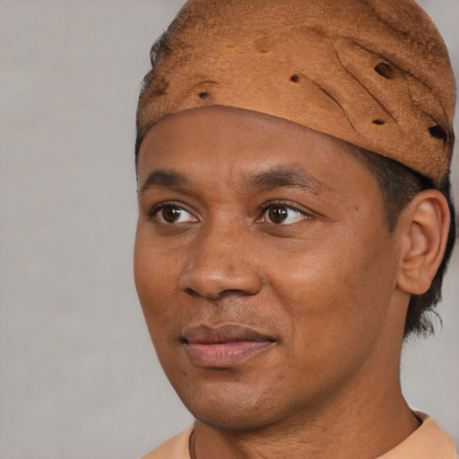 Joyful black young-adult male with short  brown hair and brown eyes