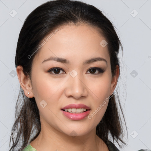 Joyful asian young-adult female with medium  brown hair and brown eyes