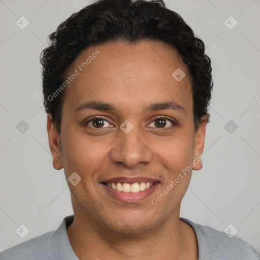 Joyful latino young-adult female with short  brown hair and brown eyes