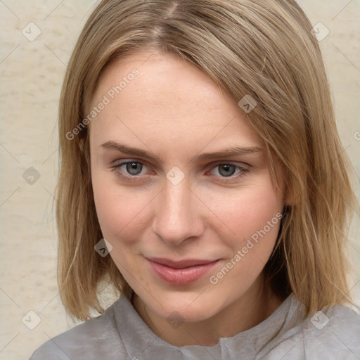 Joyful white young-adult female with medium  brown hair and blue eyes