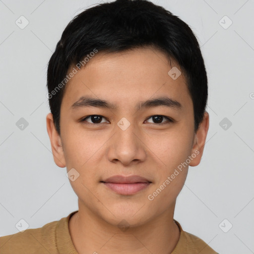 Joyful asian young-adult male with short  black hair and brown eyes