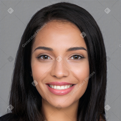 Joyful white young-adult female with long  black hair and brown eyes