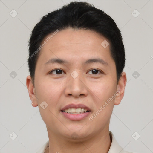 Joyful asian young-adult male with short  brown hair and brown eyes