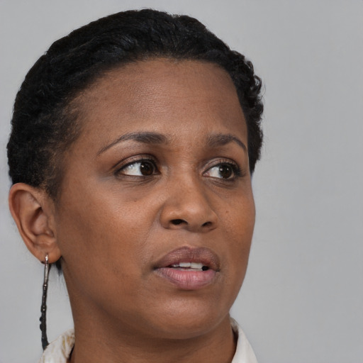 Neutral black young-adult female with short  brown hair and brown eyes