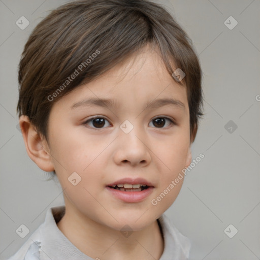 Joyful white child female with short  brown hair and brown eyes