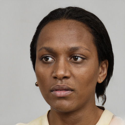 Neutral black adult female with short  black hair and brown eyes