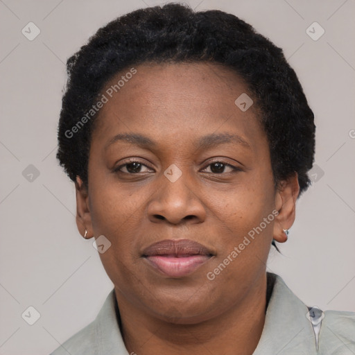 Joyful black adult female with short  black hair and brown eyes