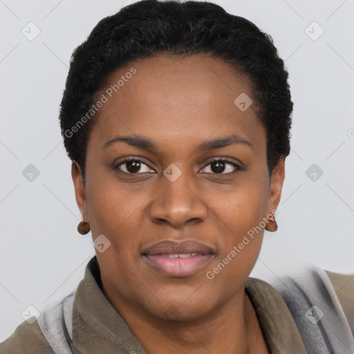 Joyful black young-adult female with short  black hair and brown eyes