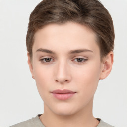 Neutral white young-adult female with short  brown hair and brown eyes