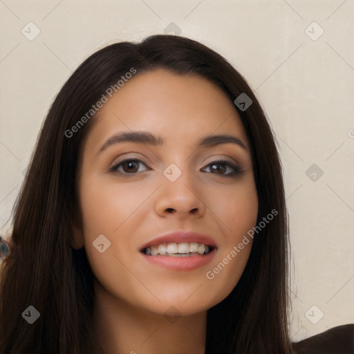 Joyful asian young-adult female with long  black hair and brown eyes