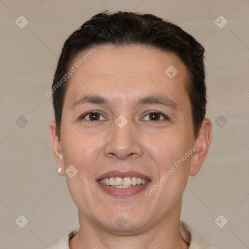 Joyful white adult male with short  brown hair and brown eyes