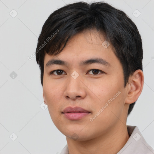 Neutral asian young-adult male with short  brown hair and brown eyes