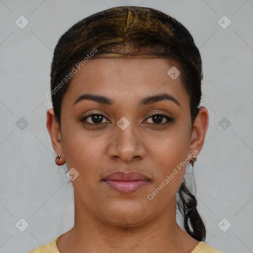 Joyful latino young-adult female with short  brown hair and brown eyes