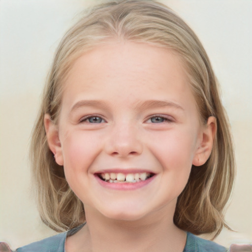 Joyful white child female with medium  brown hair and blue eyes